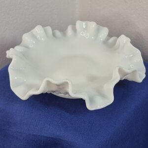 Vintage Fenton White Milk Glass Hobnail Ruffled Double Crimped Candy Dish 6"